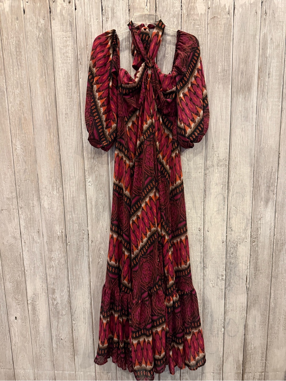 Karen T Design from Nalus Boutique Boho Tie-Neck Maxi Dress in Berry Print